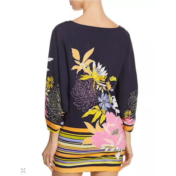 Trina Turk Floral Tunic Swim Cover-Up 3/4 Sleeves Mini Dress Size Small Colorful - Picture 2 of 12